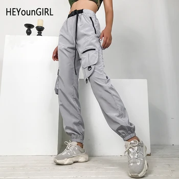 

HEYounGIRL Elastic High Waist Trousers Women with Belt Gray Casual Harajuku Pants Capri Pockets Hip Hip Sweatpants Joggers 2019