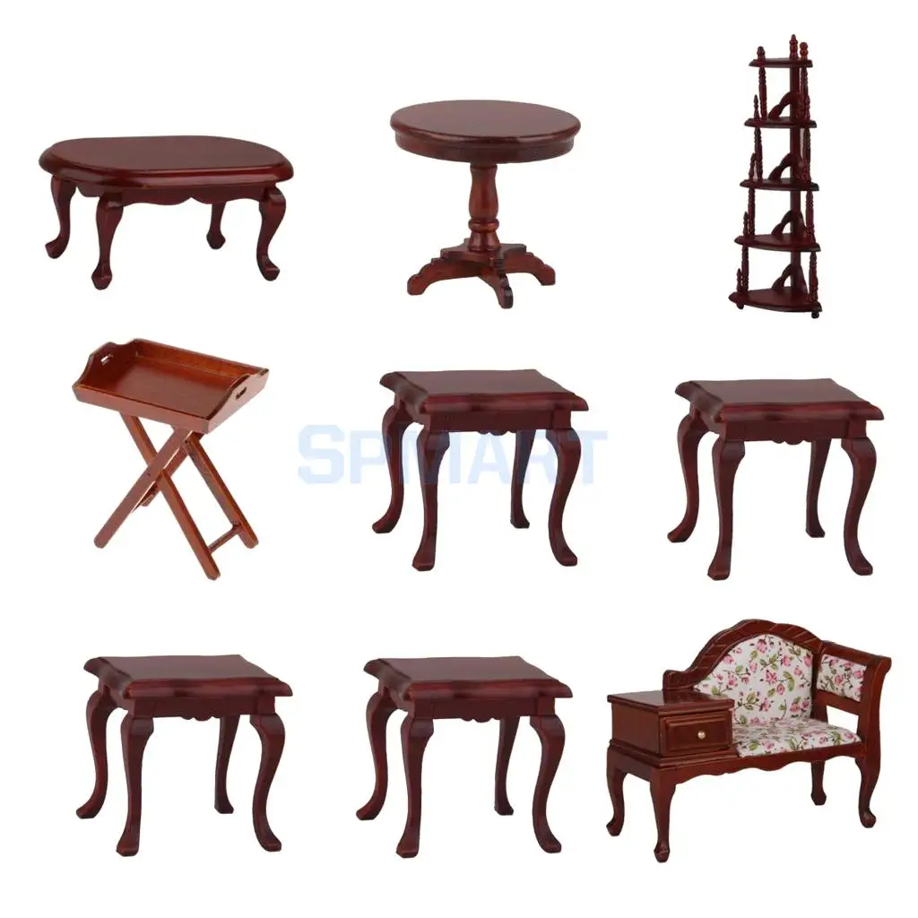 

9 Piece Miniature Coffee Color End Round Table Shelf Floral Recliner Bench Kit 1:12 Dollhouse Furniture Room Accessories