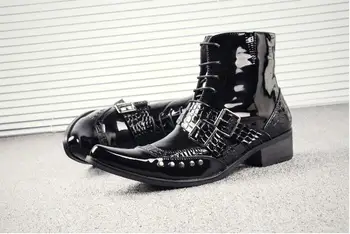 

Martin Boots Shoes Men Buckle Strap Med Heel High Top Casual Shoes Meatal Rivets Lace Up Patent Leather Black Ankle Boots