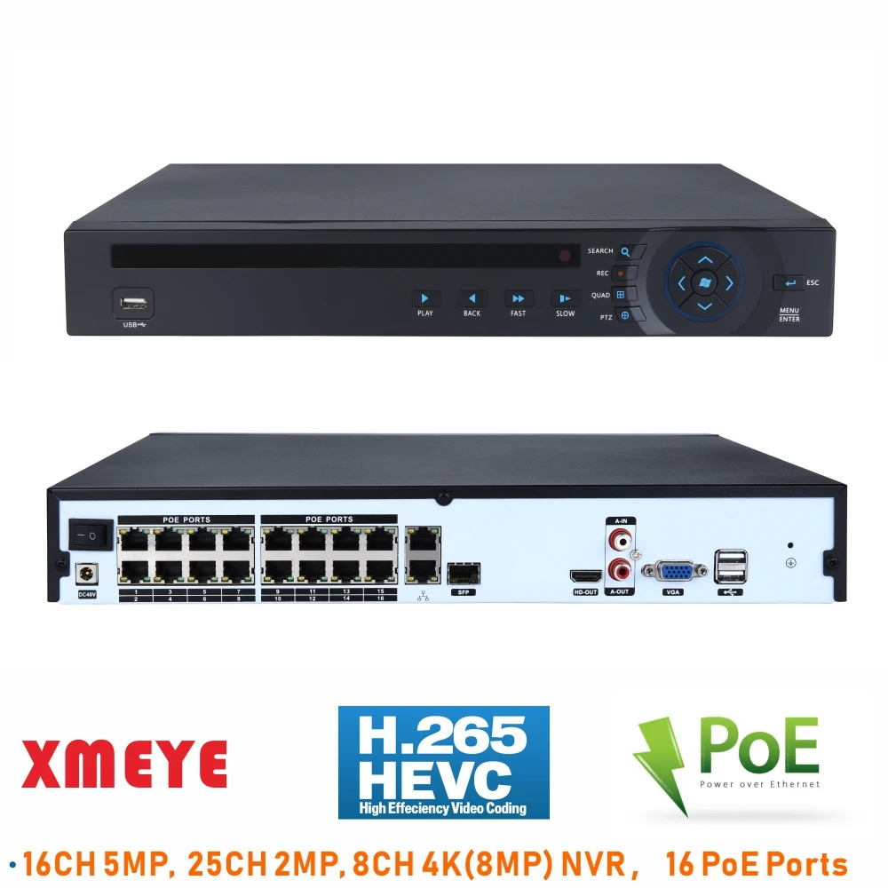 

ENSTER Onvif PoE NVR Recorder System 8CH 8MP, 16CH 5MP H.264 and H.265 Compression PoE IP Camera, XMEYE Smartphone Remote APP