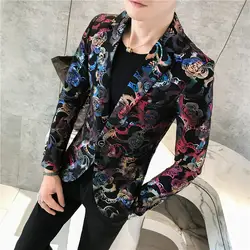 Осенняя мода пиджак мужской Высокое качество Однобортный цветок блейзер для ночного клуба и куртки Для мужчин новый Slim Fit блейзеры для