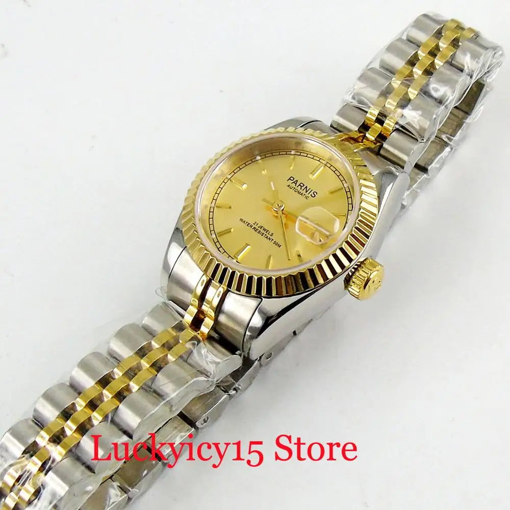 Luxury Classic Style PARNIS Lady/Women's Stainless Steel Wristwatch 26mm Gold Plated Watch Case Sapphire Glass Auto Movement