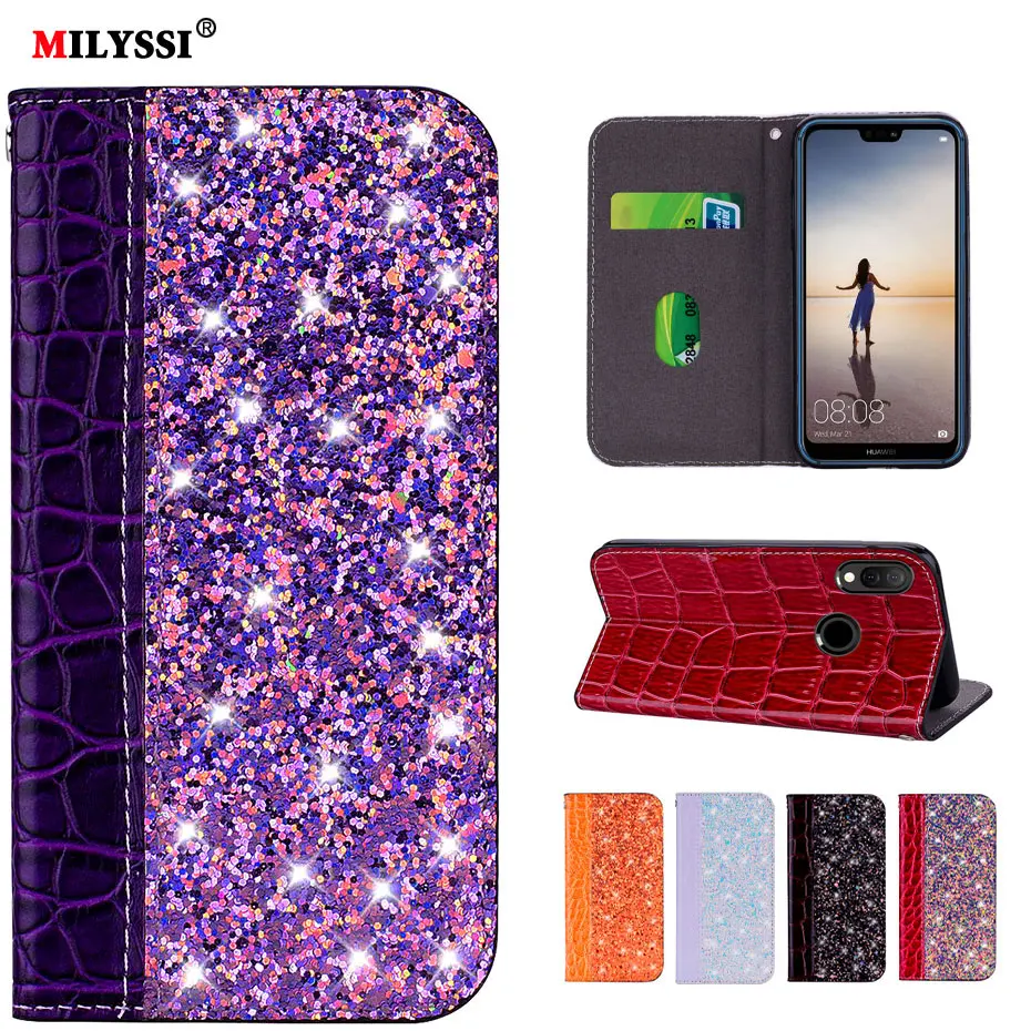 

Glittering PU Leather Flip Wallet Case for huawei P20 mate 10 Lite Pro P smart Plus Y6 Prime 2018 Honor 10 9 lite 7X Phone Case