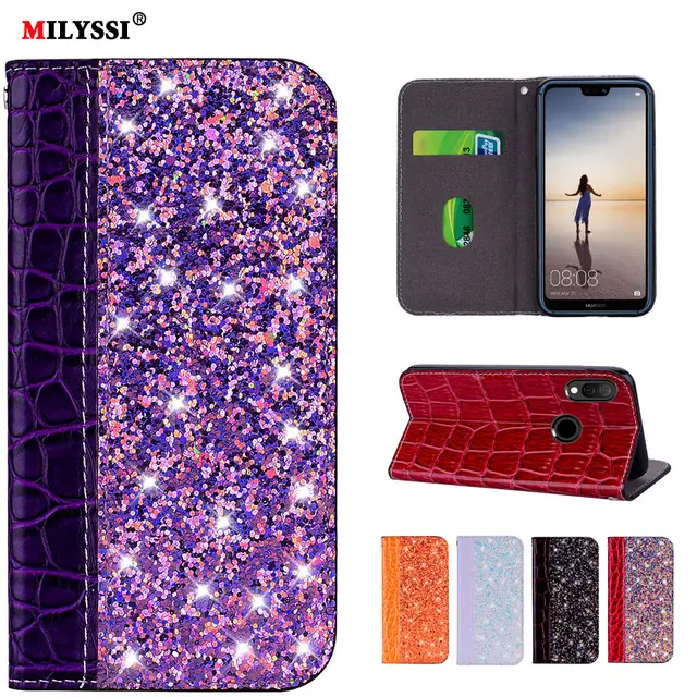 Best Offers Glittering PU Leather Flip Wallet Case for huawei P20 mate 10 Lite Pro P smart Plus Y6 Prime 2018 Honor 10 9 lite 7X Phone Case