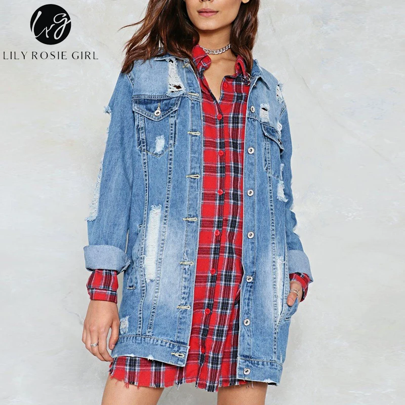 Lily Rosie Girl Blue Ripped Hollow Out Denim Jacket Casual Pocket Long Coat Autumn Winter 2017 Womens Basic Outwear Streetwear