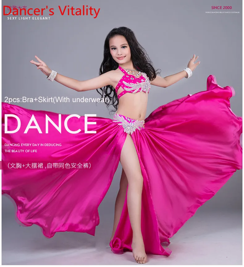 

Children Belly Dance Costumes Child Ballroom Dance Performance clothes Rhinestones Bra+Skirt 2pcs Girls Dance Suit On The Stage