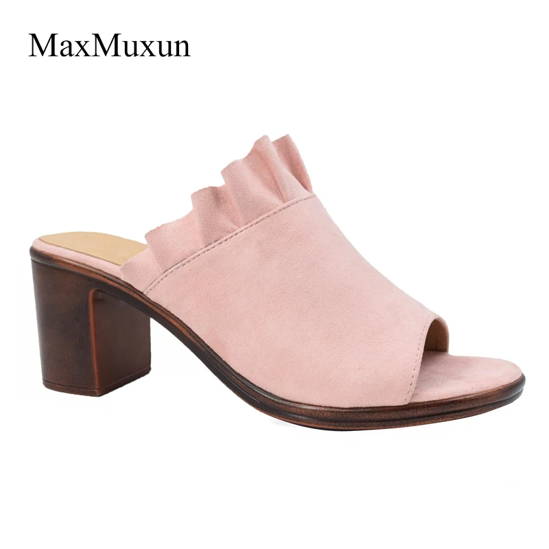 

MaxMuxun Heel Slippers Womens Summer Outdoor Beach Slippers Ladies Faux Suede Sexy Open Toe Sandals Mid Block Heel Flip Flop