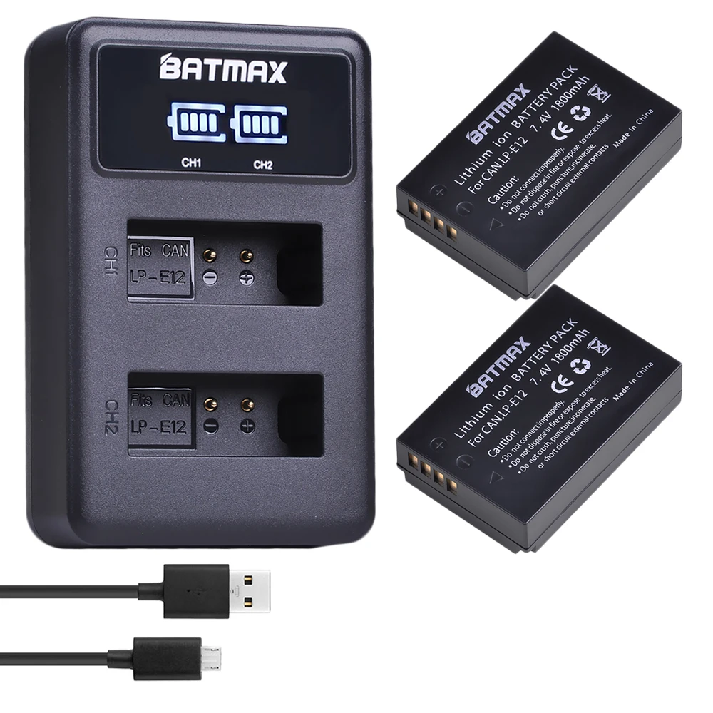 

Batmax 2PCS 1800mAh LP-E12 LPE12 LP E12 Battery+ LED Dual USB Charger for Canon EOS 100D Kiss X7 Rebel SL1 EOS M10 DSLR Cameras