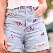 Потертые джинсовые шорты для мамы, Женские винтажные шорты с высокой талией, с бантом и вышивкой, Промытые Шорты для мамы, большие размеры