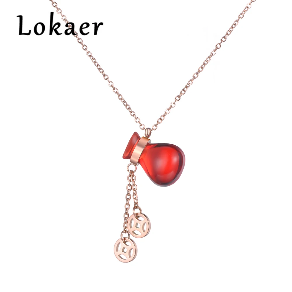

Lokaer Red Glass Bottle Shape Pendant Chinese Style Ancient Coins Rose Gold Color Stainless Steel Neacklace Best Gift N18269
