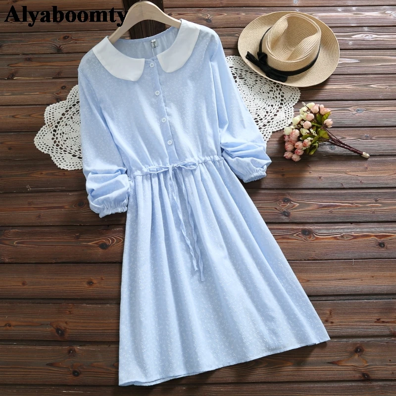 

Preppy Style Spring Women Fresh Cute Dress Peter Pan Collar Yellow Blue Floral Dress Korean Cotton Kawaii Mori Girl Autumn Dress