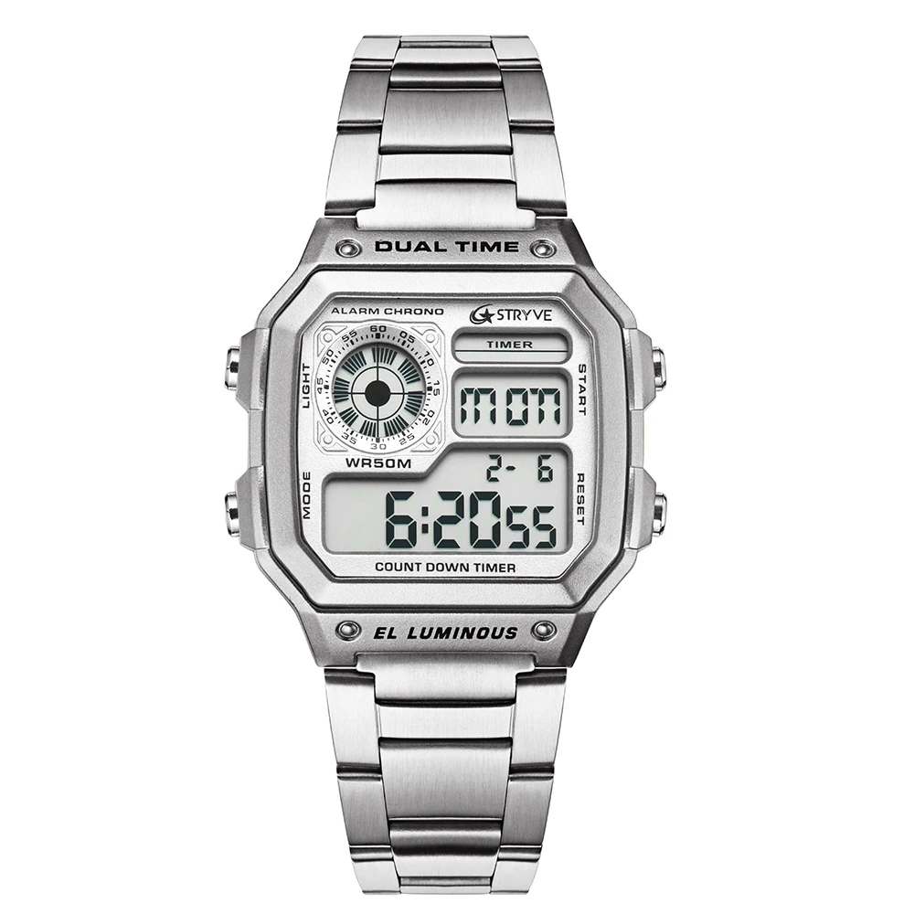 

Stryve Brand Square Fashion Digital Led Count Down Clock Sports Waterproof Men Luxury Stainless Steel Watch relojes hombre 2018