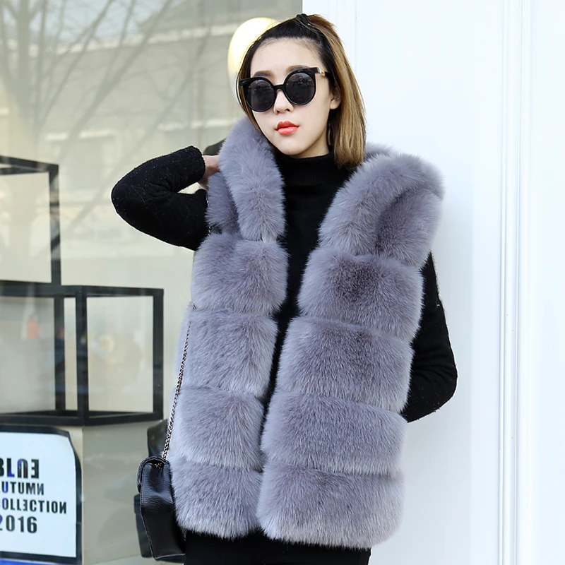 S-4XL, женское меховое пальто с капюшоном, новинка, зимний толстый теплый жилет из искусственного меха серебристой лисы, Женский высококачественный модный кардиган Cappa - Цвет: light grey