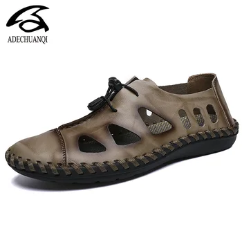 

Casual Summer Male Leather Sandals Hole Cutout Shoes Man Leather Sandals Cool Leather Shoes