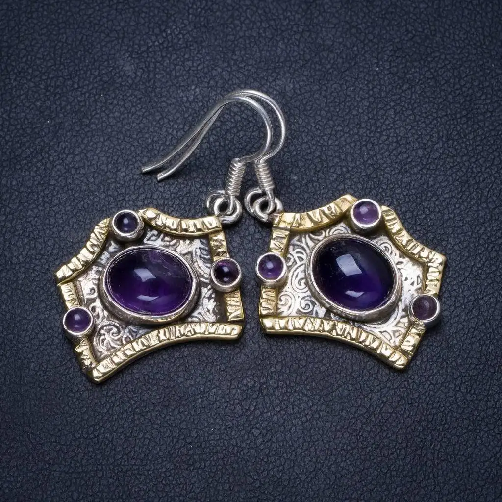 

Natural Amethyst Handmade Unique 925 Sterling Silver Earrings 1.25" X3591