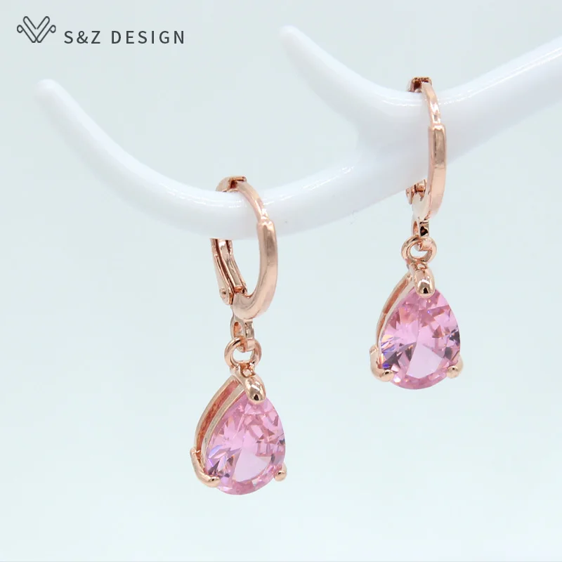 S&Z New 8 Color Zircon 585 Rose Gold Color Water Drop Earrings Korean For Women Fashion Jewelry