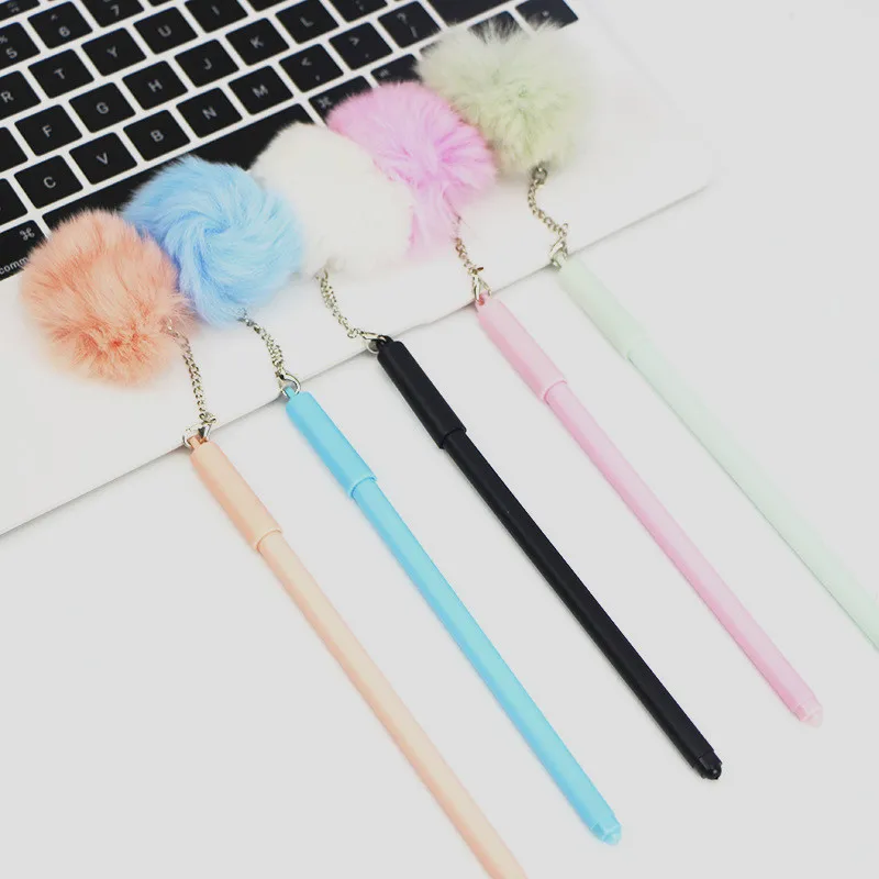 

1Pc 0.5mm Black Ink Gel Pen Faux Fur Pom Pom Ball Pendant Gel Pen For Girl School Supplies Papelaria Escolar Random Color