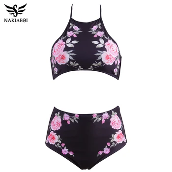 

NAKIAEOI 2019 New High Neck Bikinis Women Swimwear High Waist Swimsuit Retro Print Floral Crop Top Halter Bikini Set Bating Suit