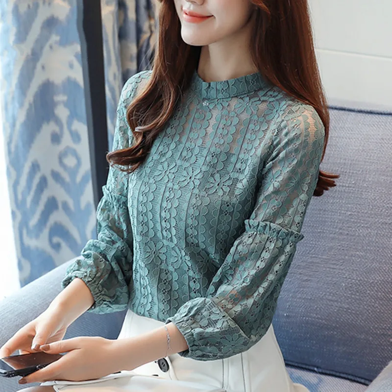 

2018 Spring stand collar hollow out lace blouses women work wear lady OL Lace shirts women office work lace pullovers lace tops
