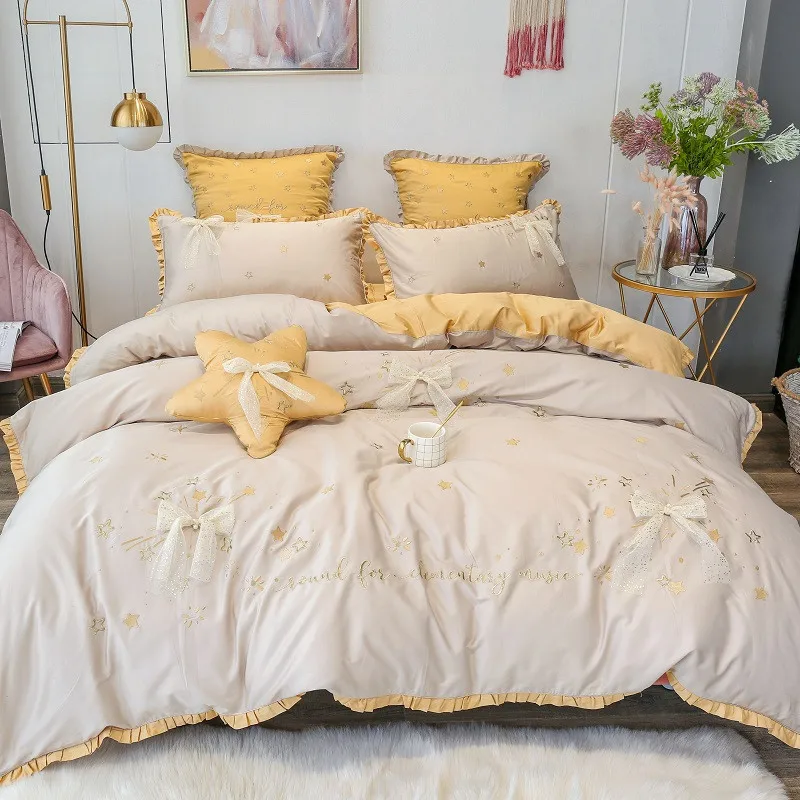 

Yellow Gray Pink Stars Embroidery 60S Egyptian Cotton Princess Girl Bedding Set Bow Duvet Cover Bed Sheet Bed Linen Pillowcases