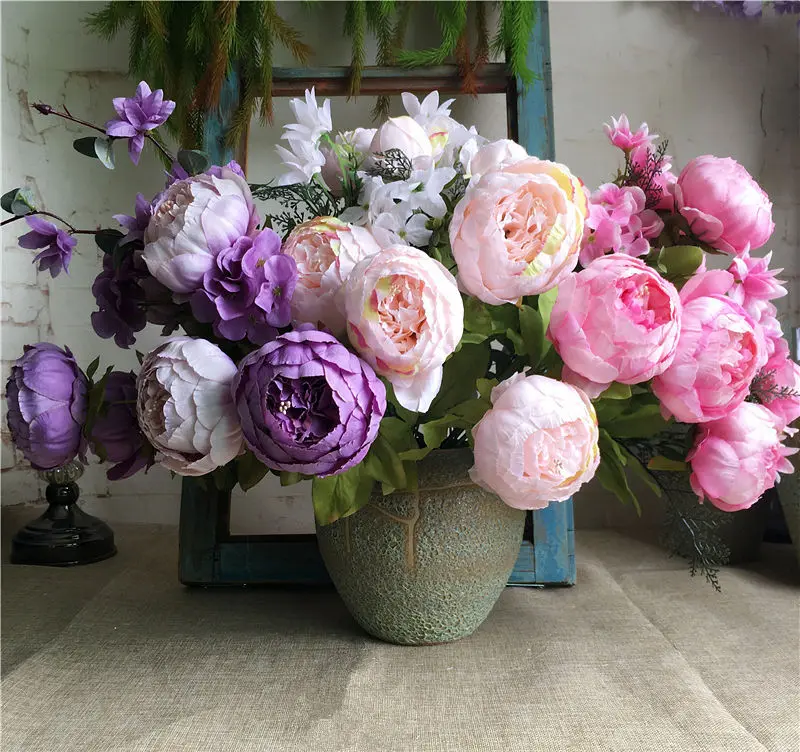 

NEW Large Vintage European Peony bunch Silk Artificial flowers Peonies For Home Hotel Wedding Decoration fake Flower flores