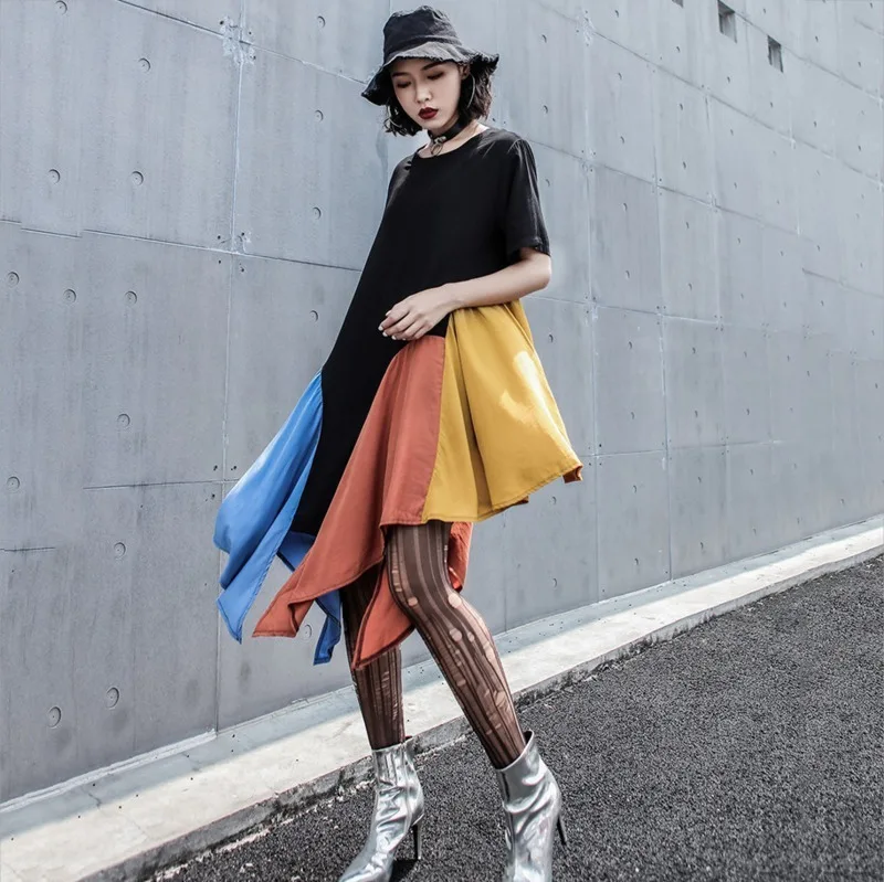 

LANMREM 2019 New Summer Fashion Women Clothes Round Neck Short Sleeves Asymmetrical Dresses Contrast Colors Batwing Styles WG805
