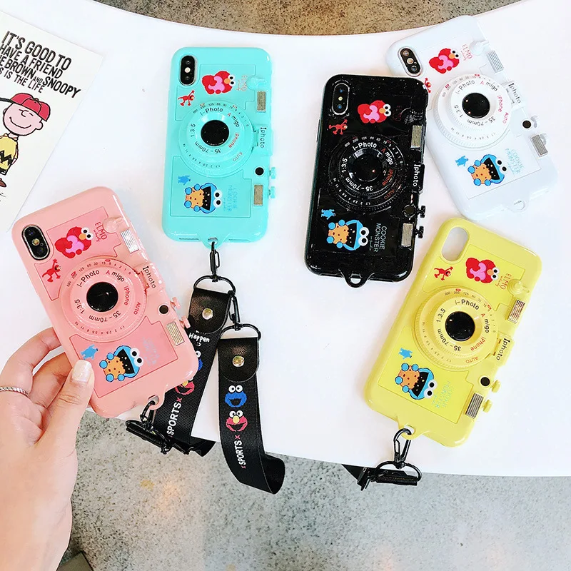 

Cute Sesame Street Patterned Camera Phone Case 6 for iPhone X Shell 6s Bracket Mirror XR Back Cover 7 8 plus Hanging Rope Xs Max