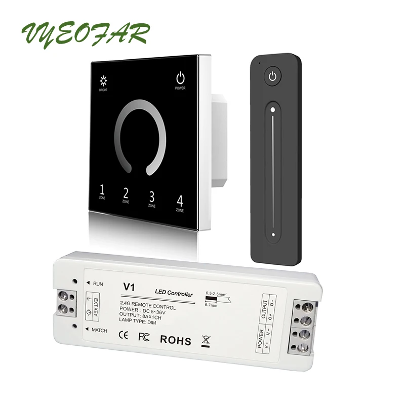 

220V High Voltage 4 Zone Led Strip Dimmer Wall Mount Touch panel 2.4G RF Remote DMX512 wireless Led Single Color Strip Dimmer