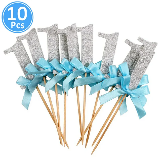 First Birthday One Cupcake Topper 1st Years Boy Girl DIY Party Decorations 1 Year Old Baby Birthday Decor Kids 10pcs silver blue 1