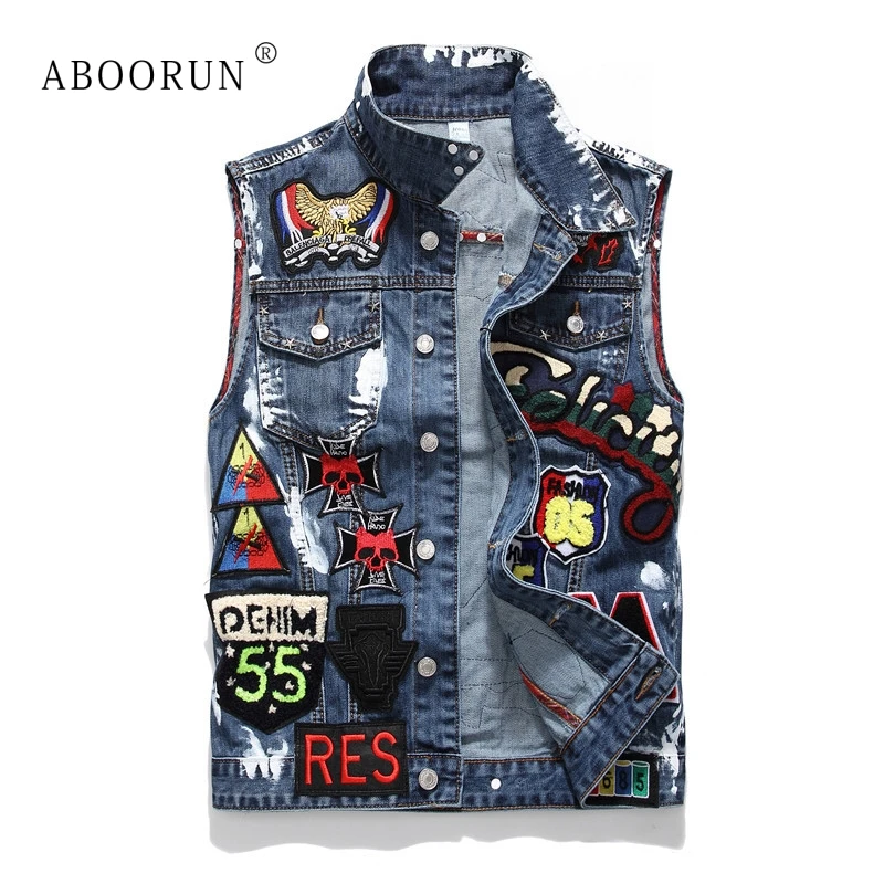 

ABOORUN Men's Fashion Denim Vest Skull Embroidery Painted Jeans Waistcoat Brand Sleeveless Jackets for Male x1641