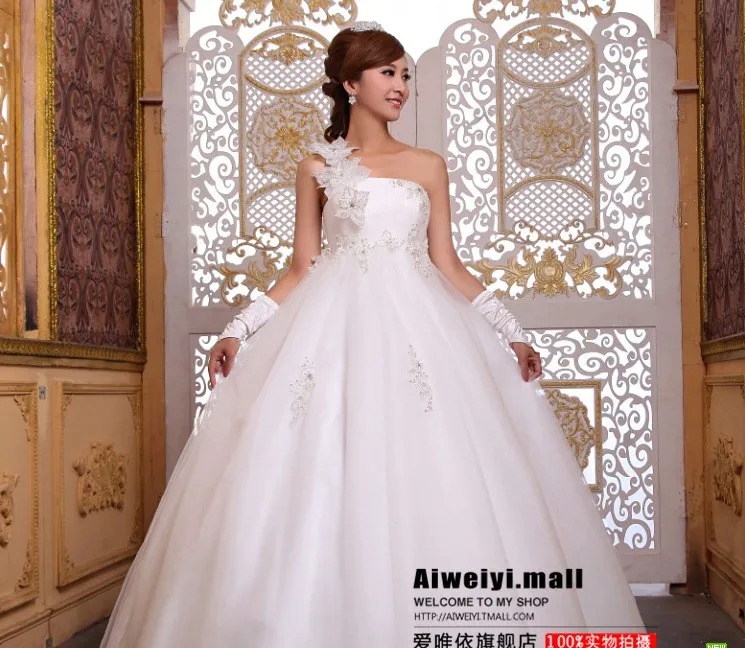 

free shipping 2014 new lace appliques bridal ball gown high waist maternity one shoulder beading formal the bride wedding dress