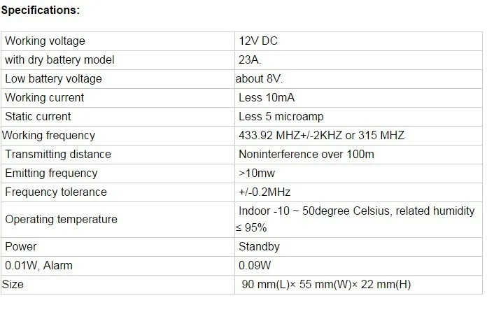 wireless transmitter specification