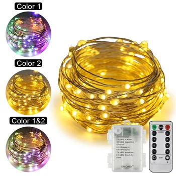 

Dual-Color Warm White& Multicolor Remote Control Battery 33/66 Ft 100/200 LED String Lights 8 Modes Dimmable Timed Fairy lights