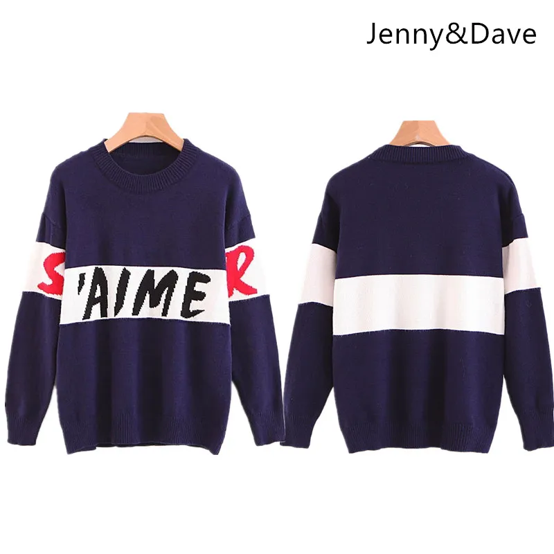 Дженни и Дэйв 2018 английский стиль свитер осень и зима письмо со вставками круглым вырезом пара пуловеры Для женщин свитер 0904