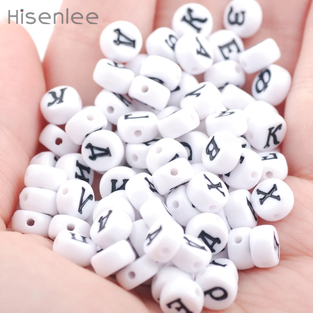 Hisenlee 7 мм 100 шт. белые акриловые бусины с русской буквой черные алфавиты