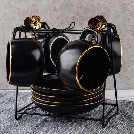 

European Coffee Tea Set Household Simple Creative Black Personality 4 Piece Set Send Cup Dish Spoon Ceramic Water Cups