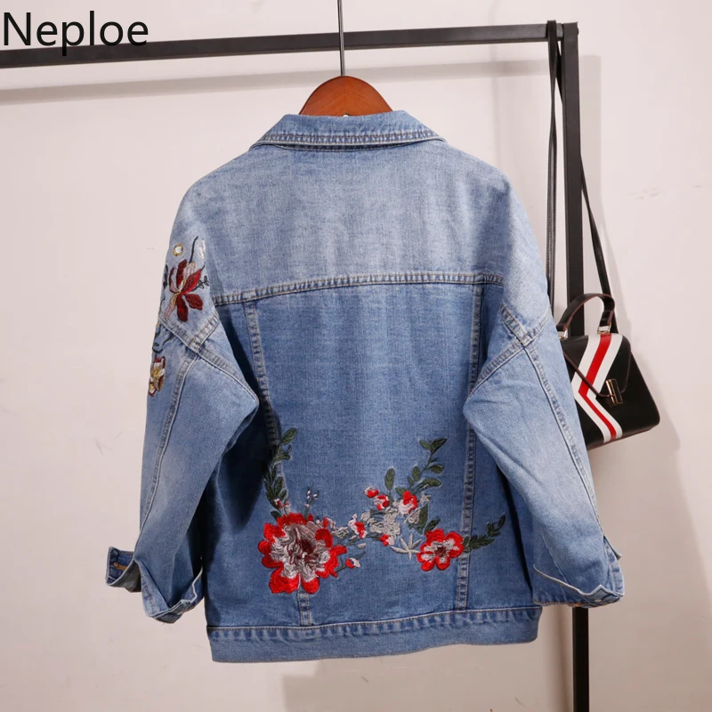 

Neploe Autumn 2019 Embroidered Jeans Jacket Long Sleeve Causal Harajuku Cowboy Single Breasted Pocket Demin Coat Outwear 53905