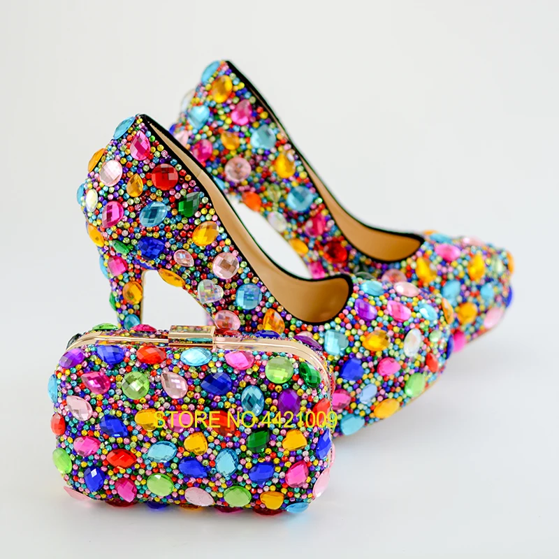 

Crystal Shoes High Heels Colorful Diamond Women Shoes Bag Set For Party Evening Dress Customize Bright Glittering Girls Ladies