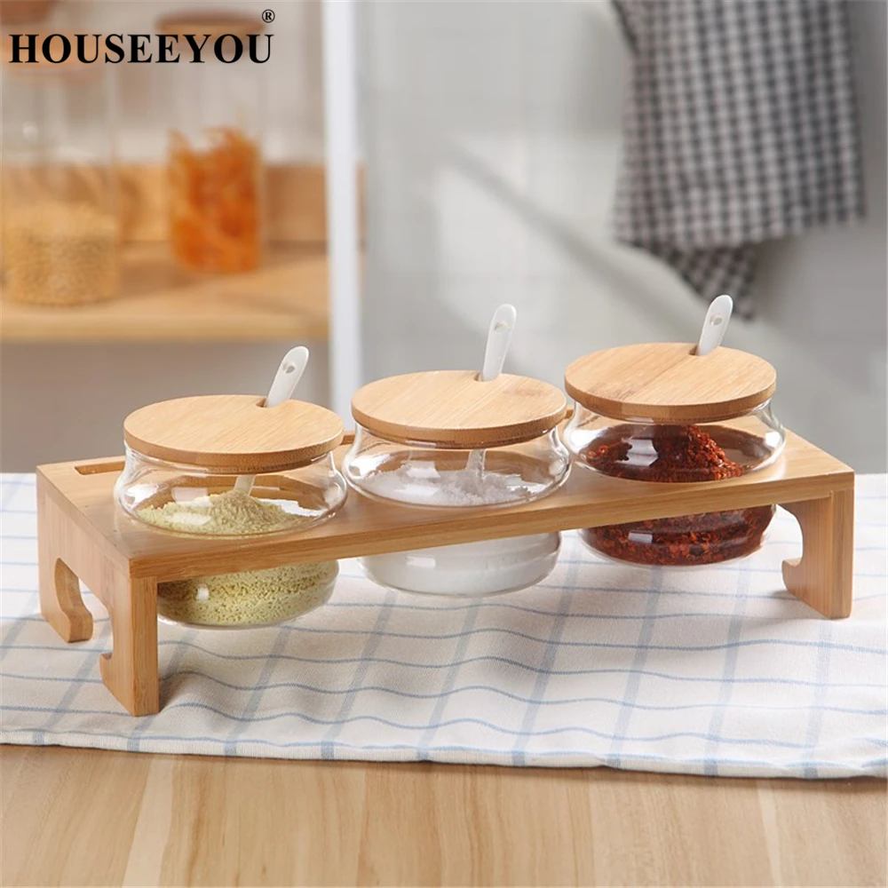 

3Pcs/Lot Seasoning Glass Storage Bottles Jars with Bamboo Rack Cover Spice Sugar Salt Pepper Jar Container Organizer Kitchen