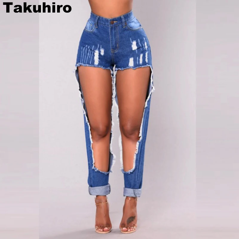 New Arrivals Fashion Jeans Women High Waist Skinny Pencil Blue Denim Pants Ripped Hole Spring