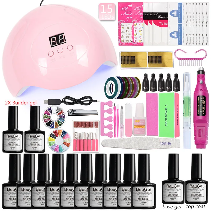

45w Led Uv Lamp Dryer 10 Pcs Gel Nail Polish Kit Soak Off Manicure Tools Set Electric Machine Drill Bits for Nail Art Tools