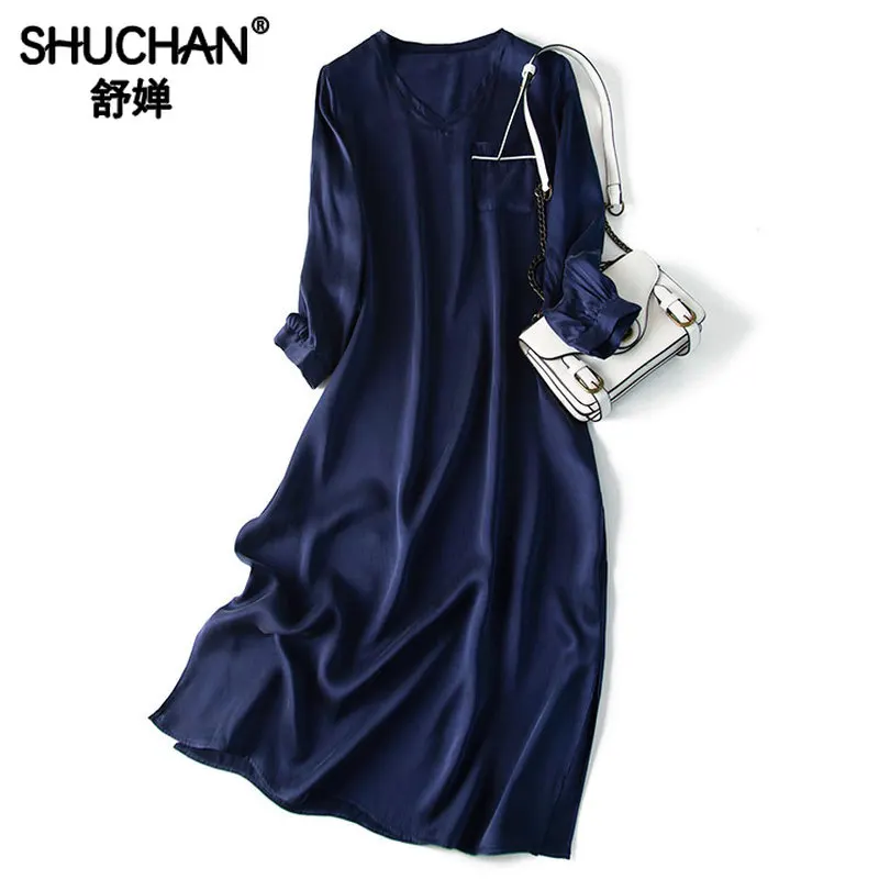 

Shuchan Basic Straight Natural Silk Dress Navy Blue Office Lady Pockets Mid-Calf V-Neck Dress Female Long with A Sleeve 2019