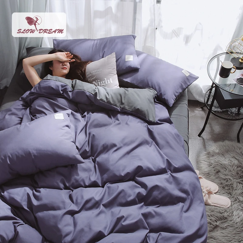 

SlowDream Duvet Cover Set Purple Bed Linen Nordic Bedspread Double Bed Flat Sheet Pillowcase Japan Style Bed Linens Gary Sheet