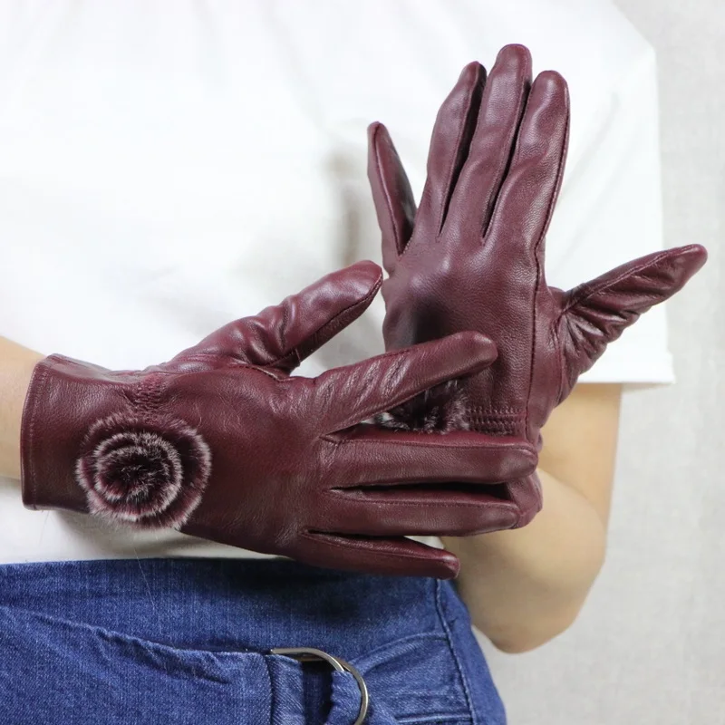 Buy women's winter genuine leather Flower gloves lady