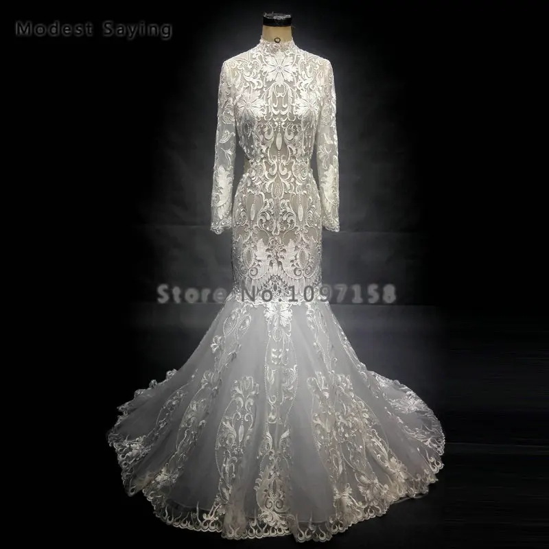 Высокое качество Прозрачный лиф слоновой кости русалка с длинными рукавами Кружева Свадебные платья формальная вышивка Свадебная Платья vestidos de noiva