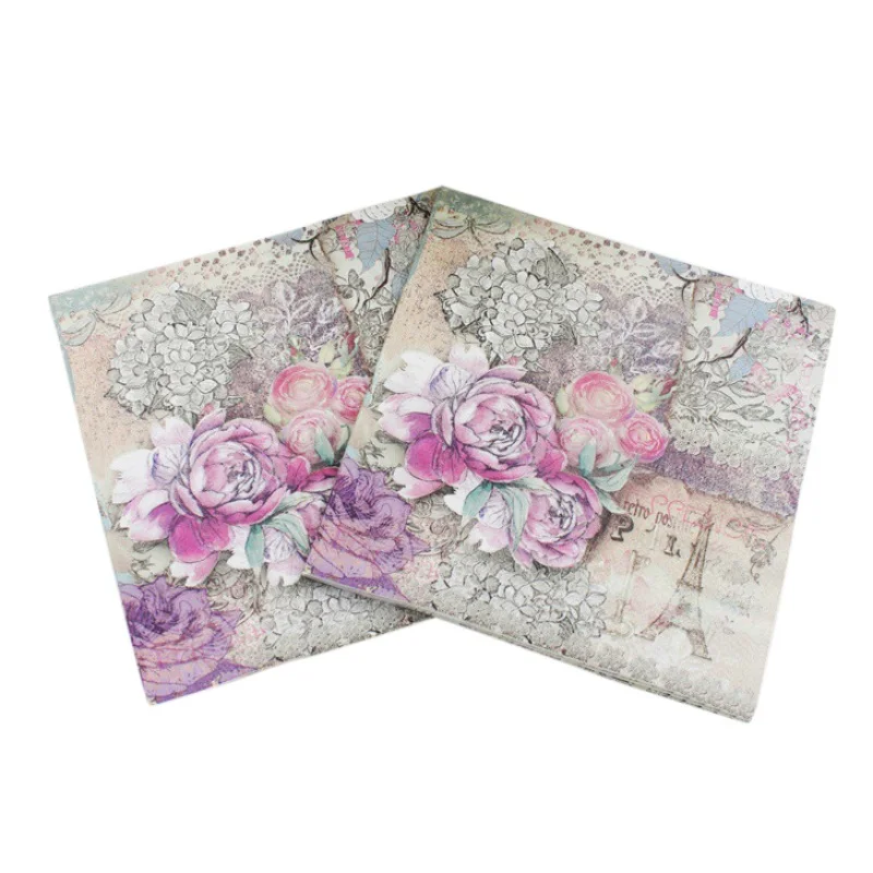 

20pcs/lot 33cmx33cm Printed Feature Tower Rose Paper Napkins For birthday Event & Party Decoration Tissue Decoupage