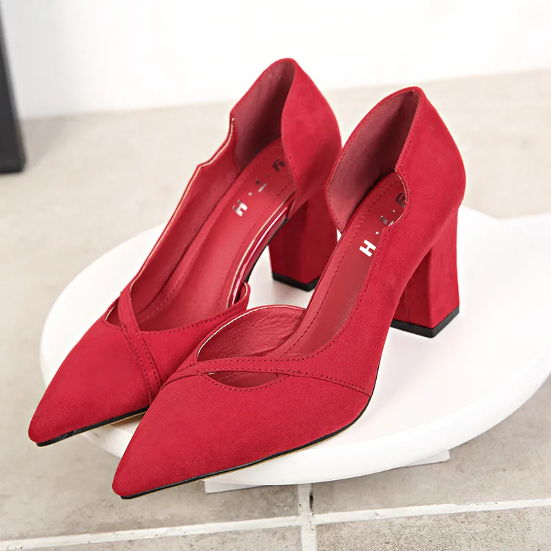 Элегантные женские туфли-лодочки из флока на Высоком толстом каблуке 8 см; цвет красный, черный; женские свадебные туфли-лодочки из замши; офисные женские туфли - Цвет: Красный