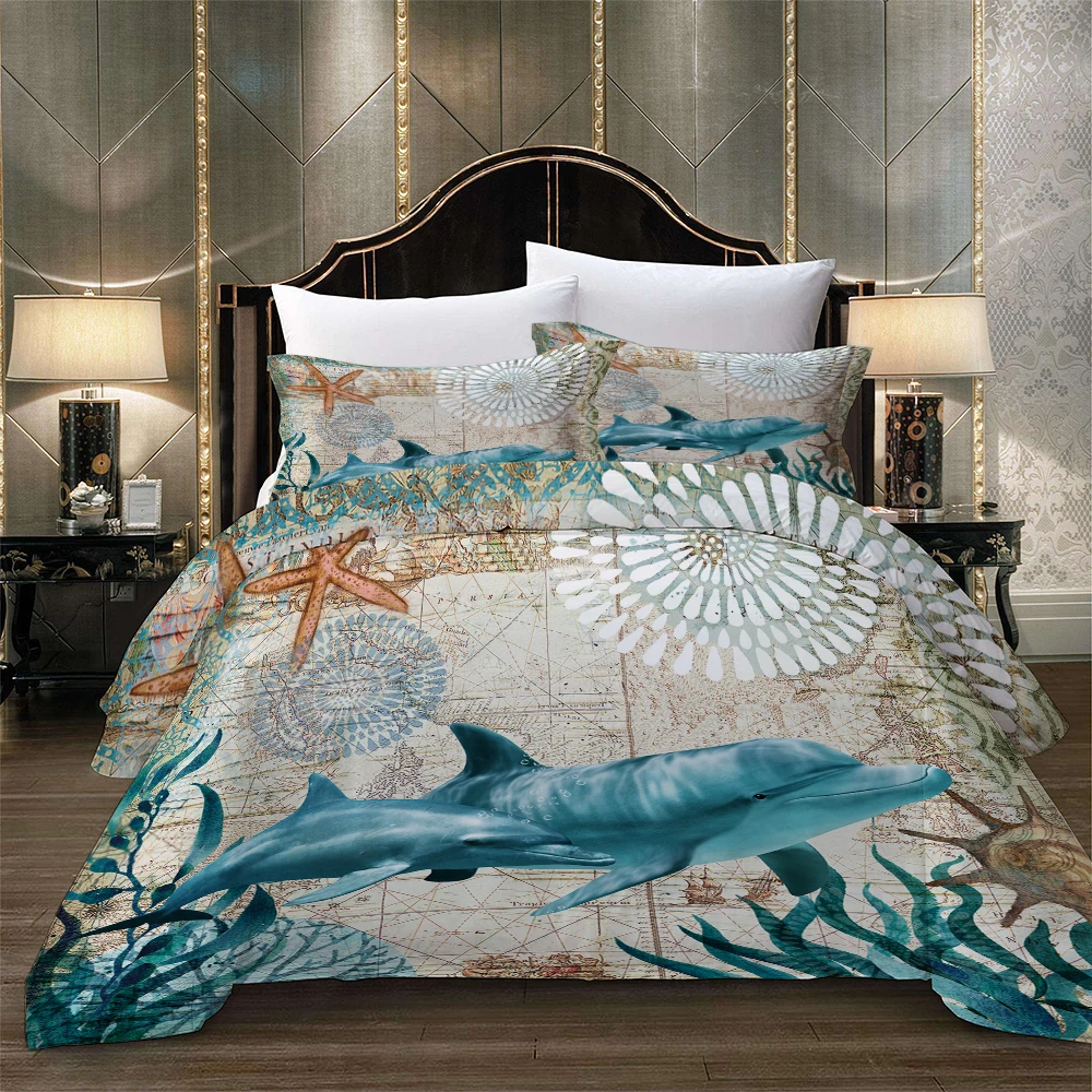 Sea Horse Turtle Whale Dolphin Octopus Print Bedding Duvet Cover Set+Pillow Case 