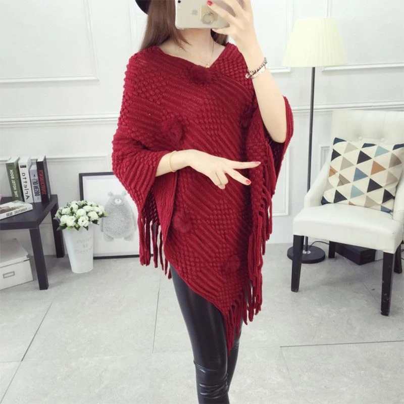 

Cape Coat Femme Knit Batwing V Neck Drop Ship Tassel Poncho Sweater Autumn Hairball Warm Casual Ponchos and Capes Women Winter