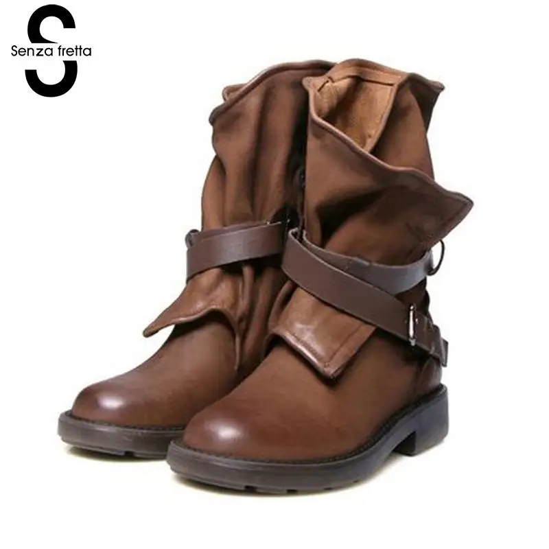 

Senza Fretta Women Winter Boots Medium Military Boots Women Buckle Leatherette Patchwork Women Shoes Chaussure Femme Botas Cuero